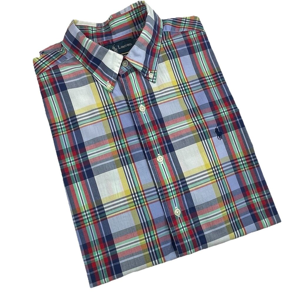 Ralph Lauren Men’s Short Sleeve Plaid Tattersall Red Yellow Blue Preppy Pony-L